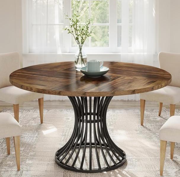 Farmhouse Round Dining Table | 47-Inch Wood Table With Metal Base