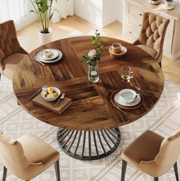 Farmhouse Round Dining Table | 47-Inch Wood Table With Metal Base