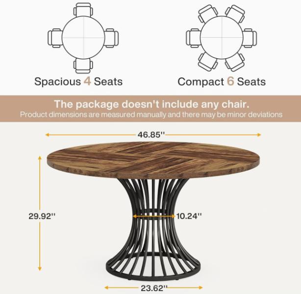 Farmhouse Round Dining Table | 47-Inch Wood Table With Metal Base