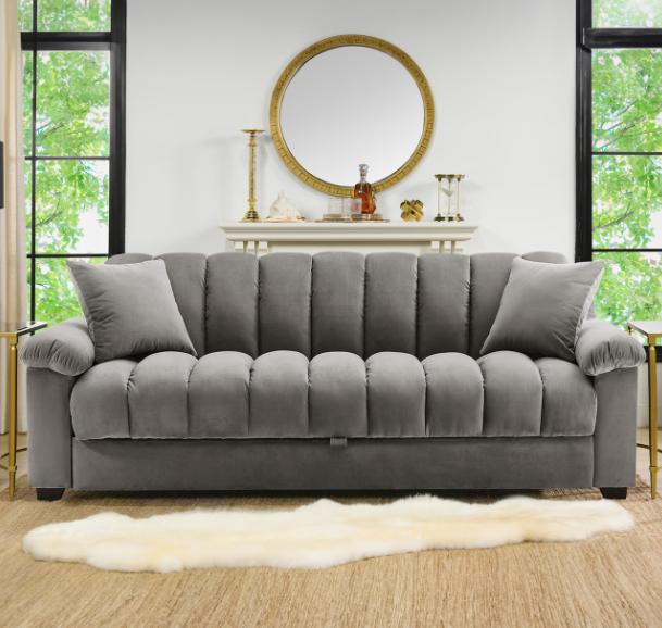Grey Velvet Sofa Bed With Storage | 3 Seater Convertible Sleeper