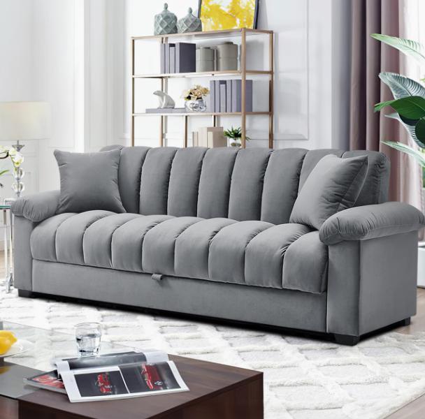 Grey Velvet Sofa Bed With Storage | 3 Seater Convertible Sleeper