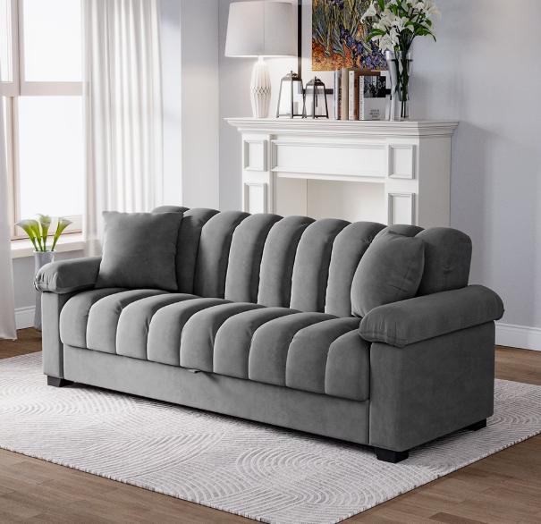 Grey Velvet Sofa Bed With Storage | 3 Seater Convertible Sleeper