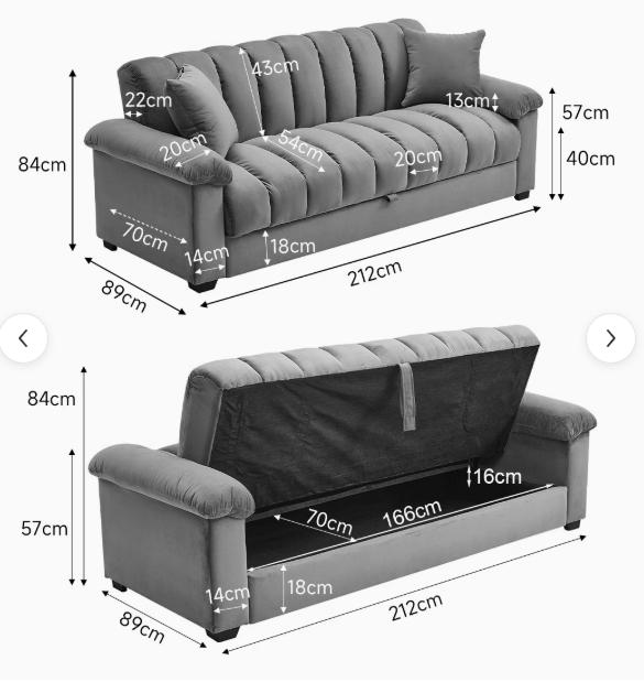 Grey Velvet Sofa Bed With Storage | 3 Seater Convertible Sleeper