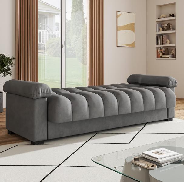Grey Velvet Sofa Bed With Storage | 3 Seater Convertible Sleeper
