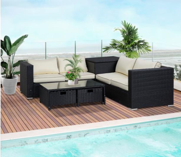Luxury 4-Seater Rattan Garden Furniture Set with Storage Box & Coffee Table with Drawers