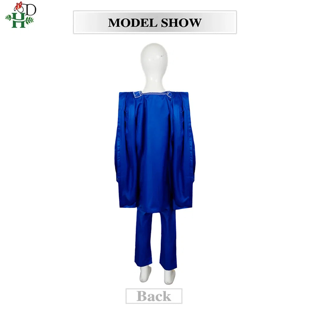 Boys White Blue Long Sleeve Tops Embroidery Dashiki Robe Shirt And Pant Set 3 PCS