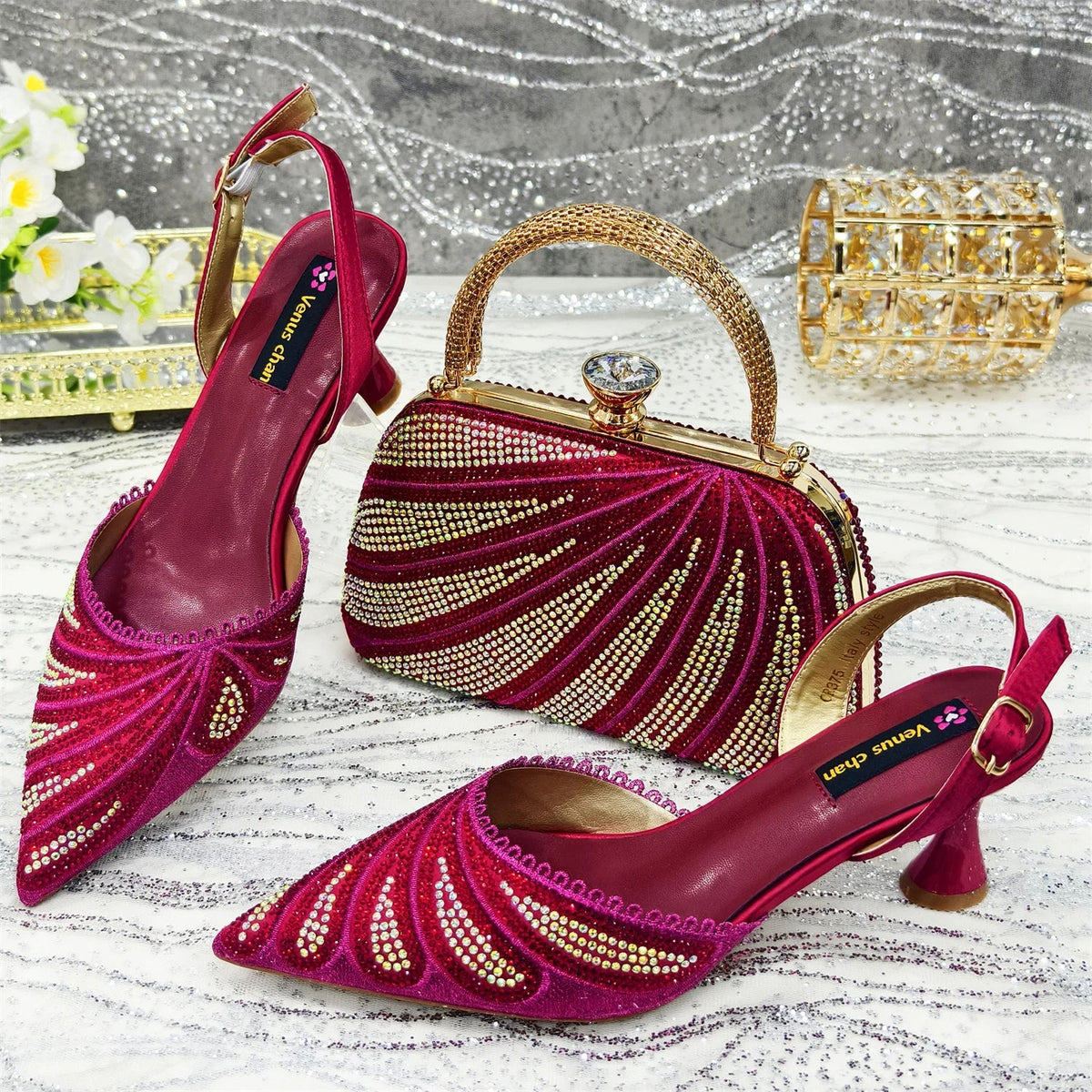 Diamond Studded Slingback Heels & Bag Matching Set — Butterfly Knot | 7 Colours | EU 37–43