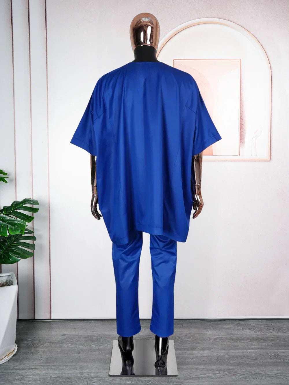 African Clothes for Men 2 Pieces Set Blue Embroidered Tops and Pants Traditional Clothing Rich Bazin
