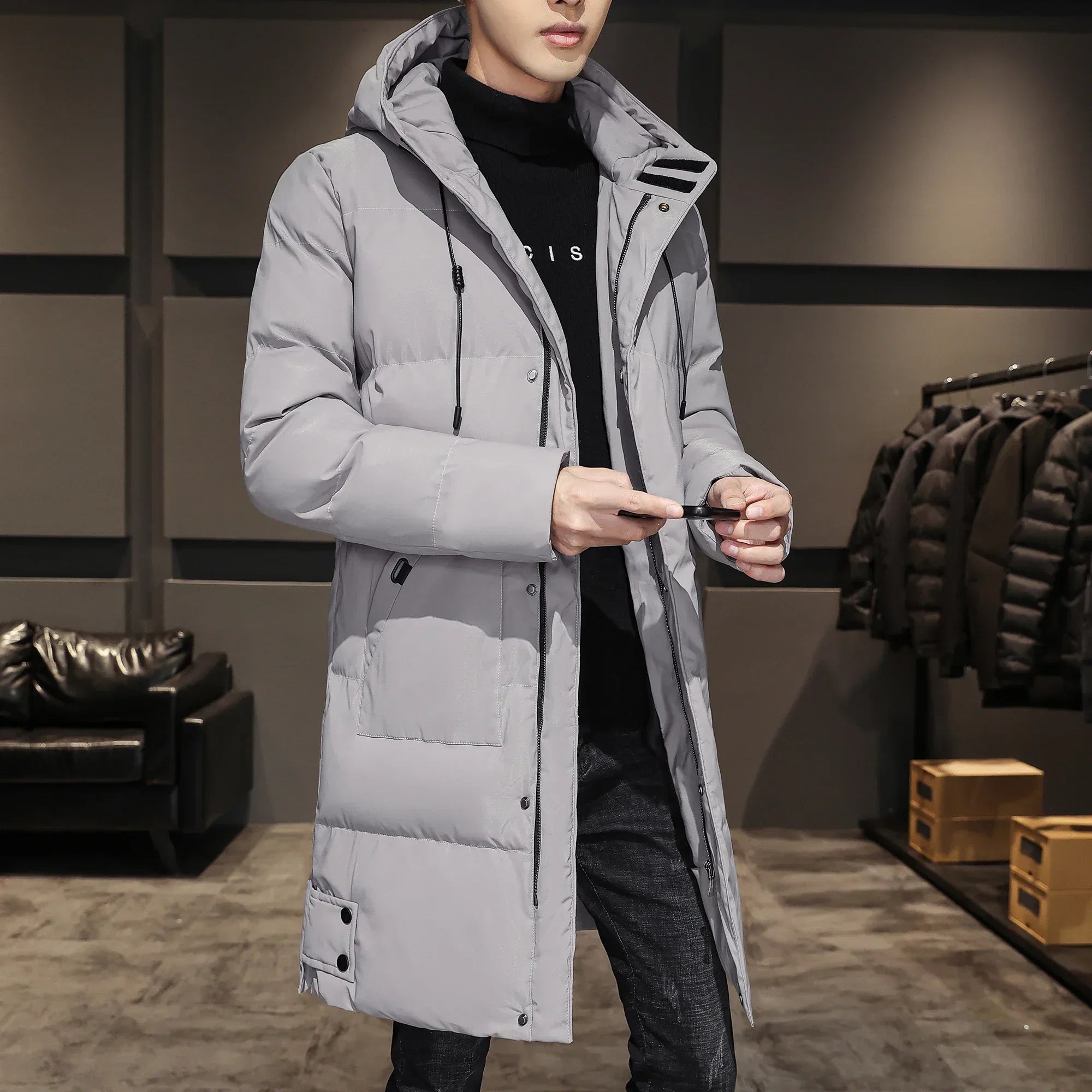 High Quality Long Cotton-padded Coat Warm Simple Solid Color Thin Look High Trend All Quality Fabric Comfortable Men's Parkas