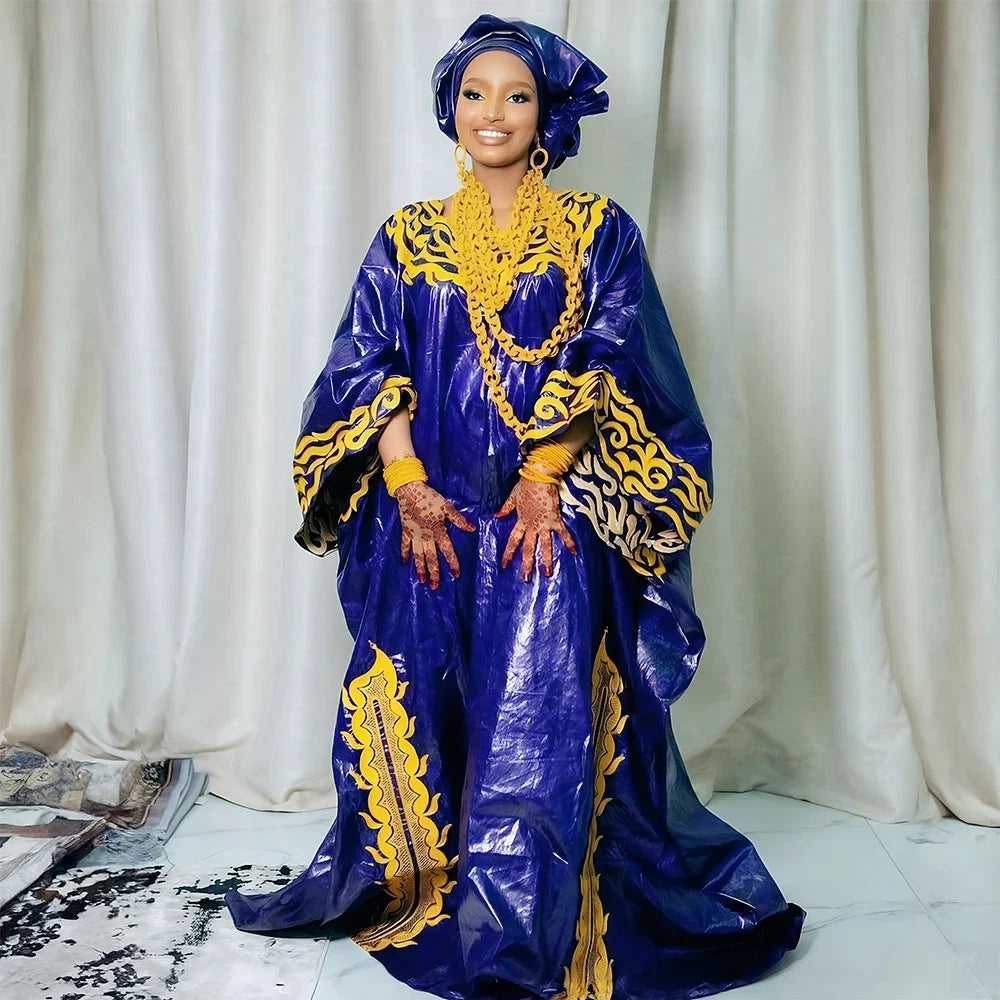 Women's African Boubou Dashiki Gown – Bazin Ankara Embroidered Kaftan Robe | Polyester-Spandex | One Size | 5 Colours
