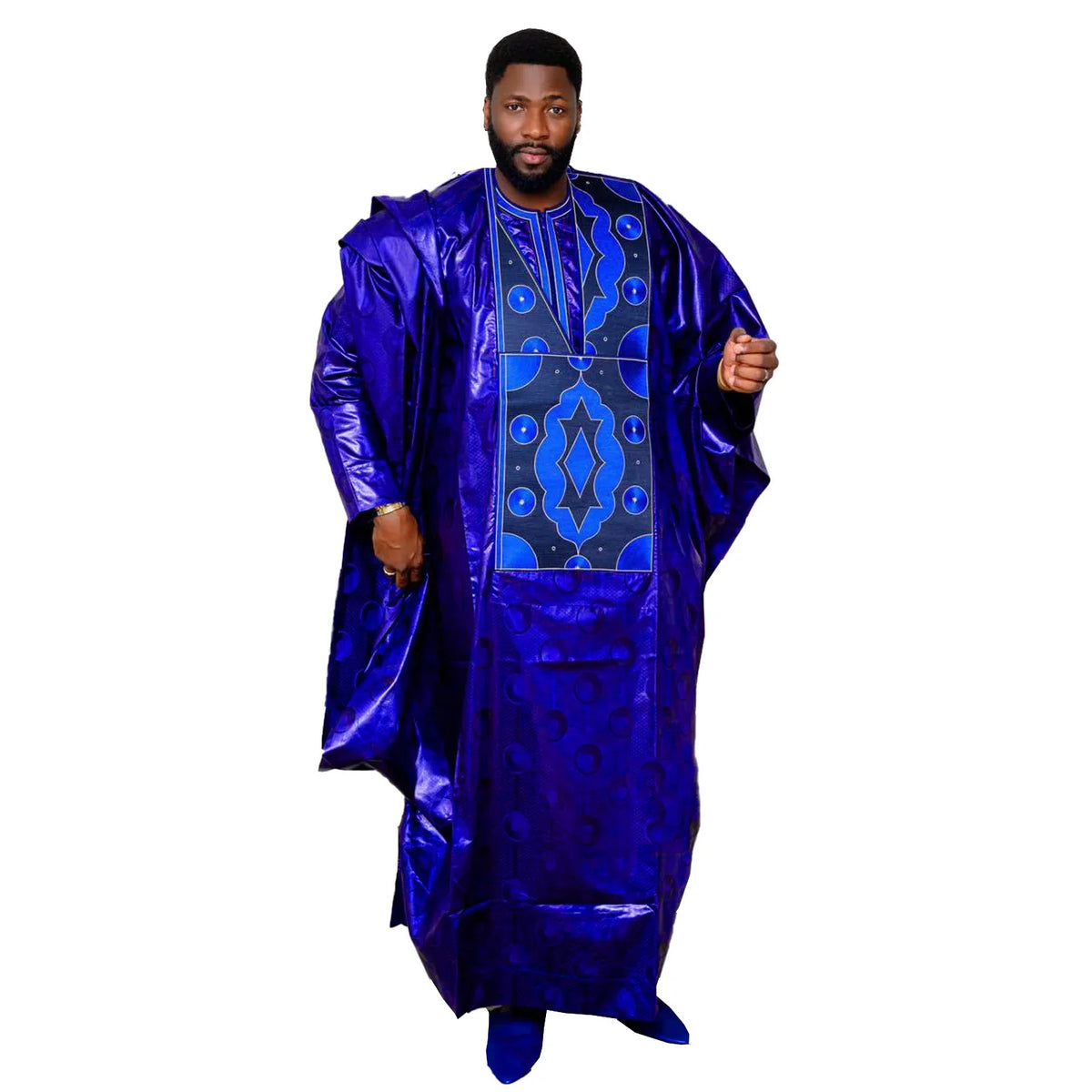 Men's Bazin Riche Embroidered Dashiki Top – Long Sleeve | 100% Cotton | Plus Size L–5XL | 4 Colours