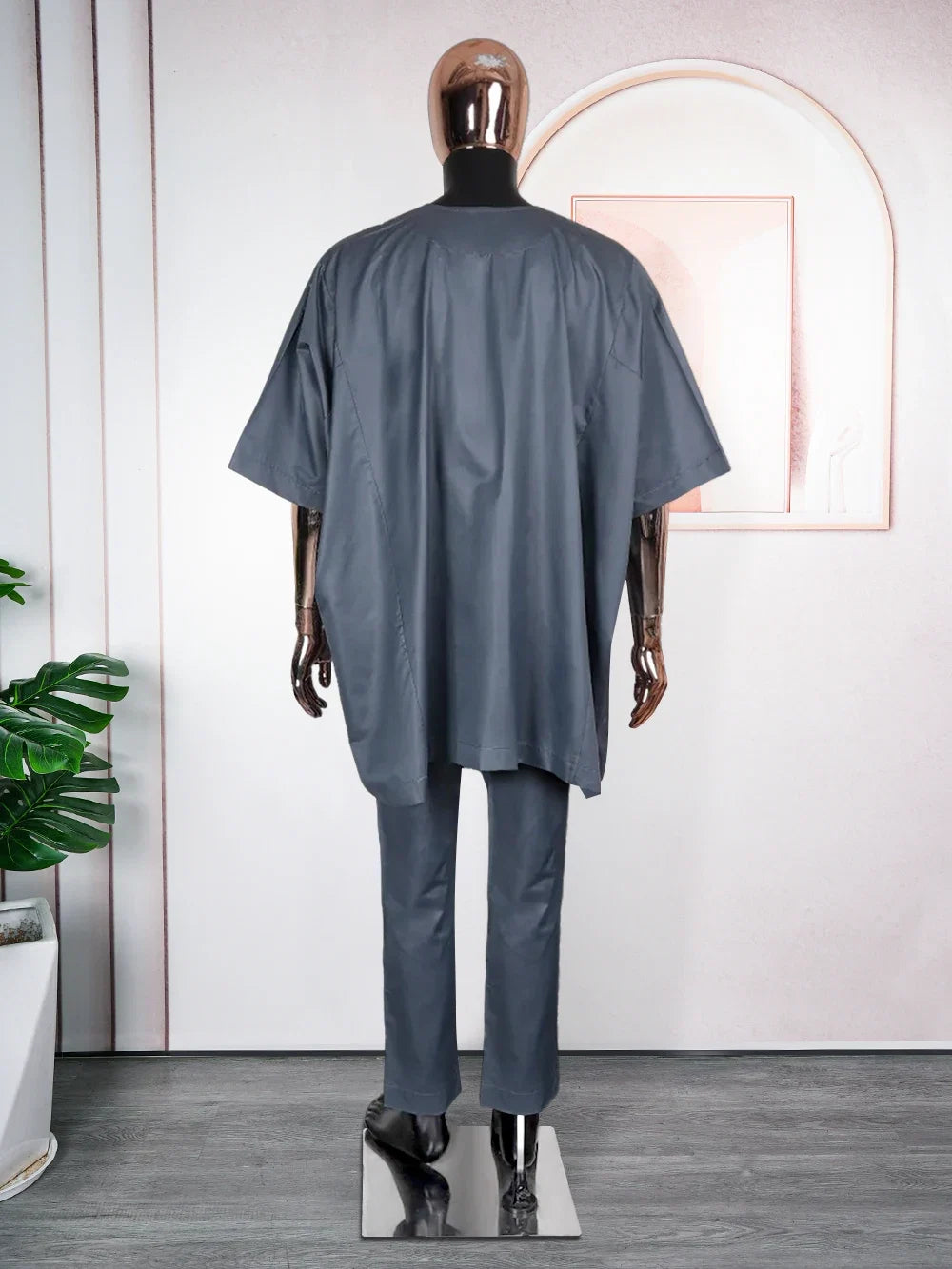 African Clothes for Men 2 Pieces Set Blue Embroidered Tops and Pants Traditional Clothing Rich Bazin