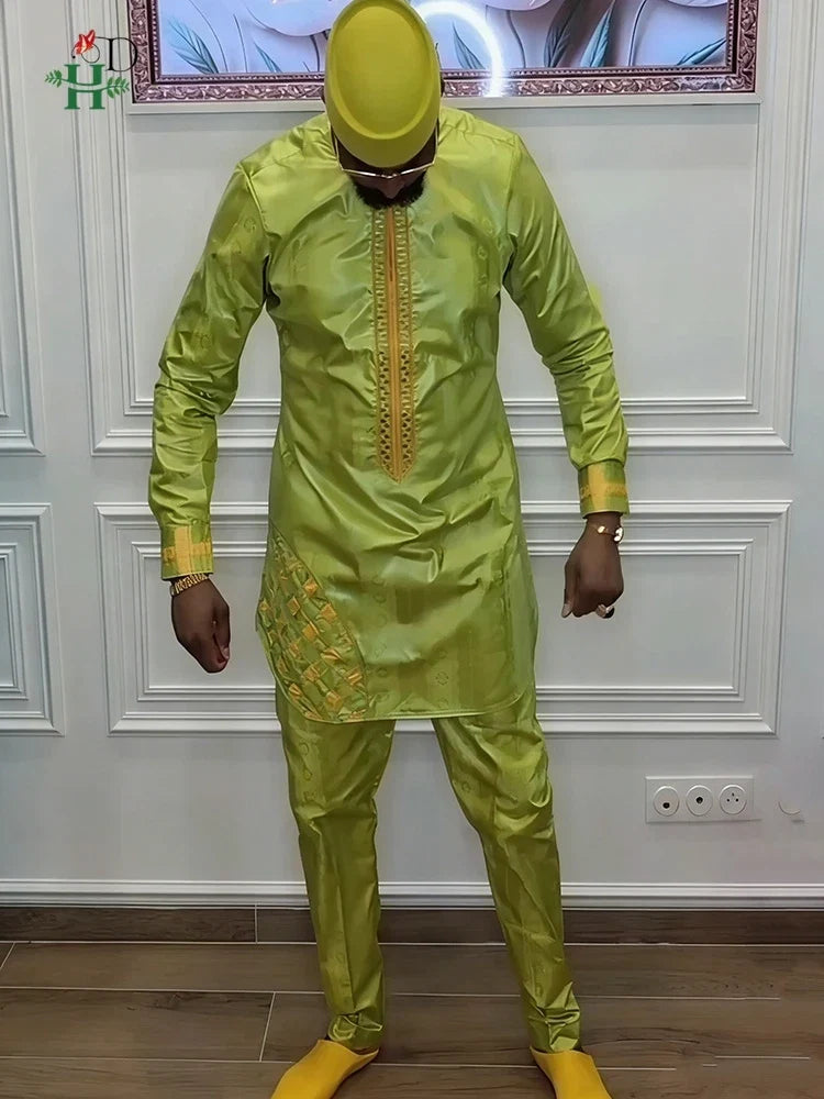 Men's Traditional Agbada 2PCS Green Bazin Riche Shirt and Pant