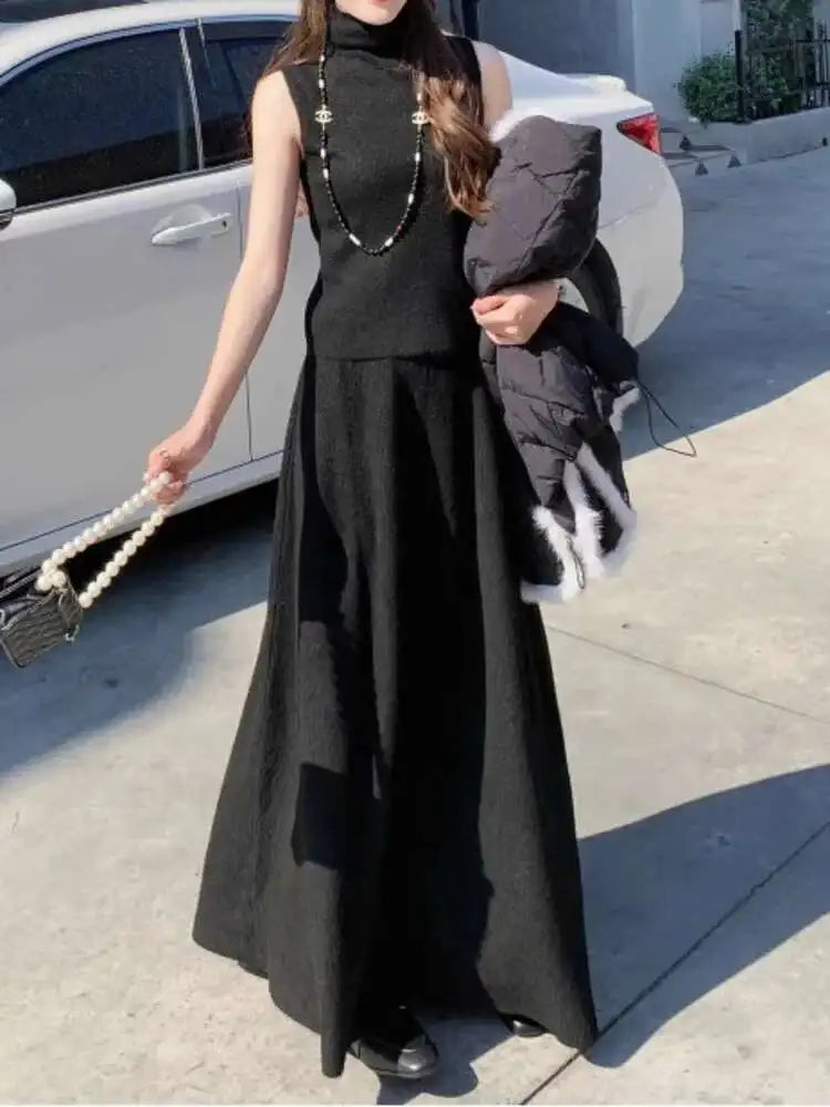 Elegant Knitted 3 Piece Set Women Long Cardigan Coat Sleeveless Vest High Waist A-line Long Skirt