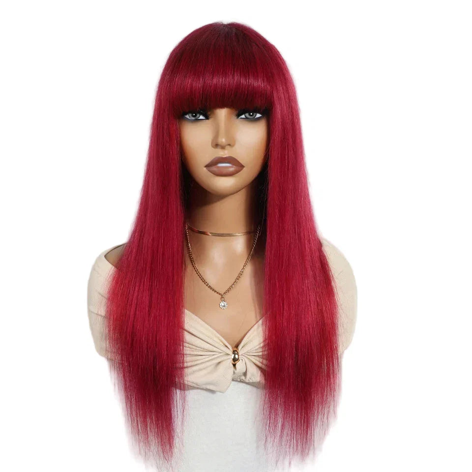 Human Hair Wigs With Bang Brazilian Straight Red Burgundy Human Hair Wigs Brown