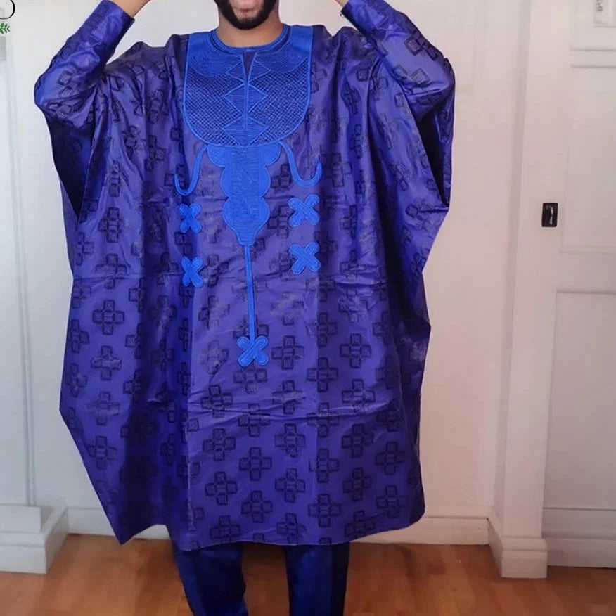 Men's African Traditional 3PCS Outfit  Blue Bazin Riche Agbada Embroidered Robe