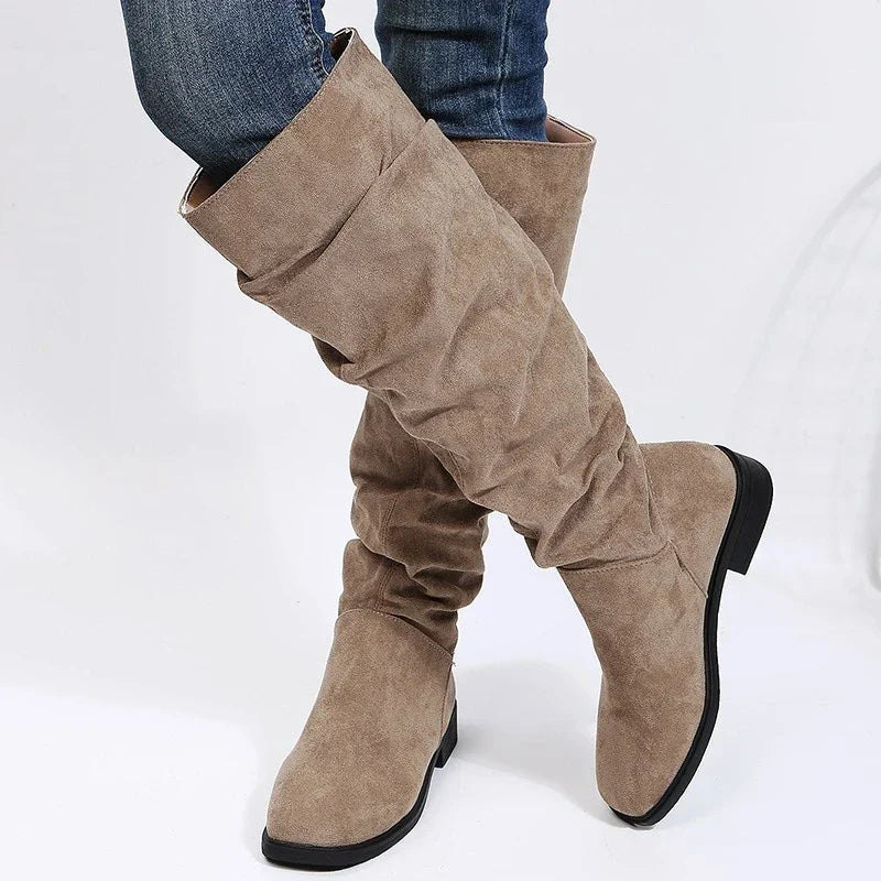 Women's Knee-High Winter Boots – Slip-On | Square Heel | Microfibre Upper | Cotton Lining | Sizes 35–43 | Black & Khaki