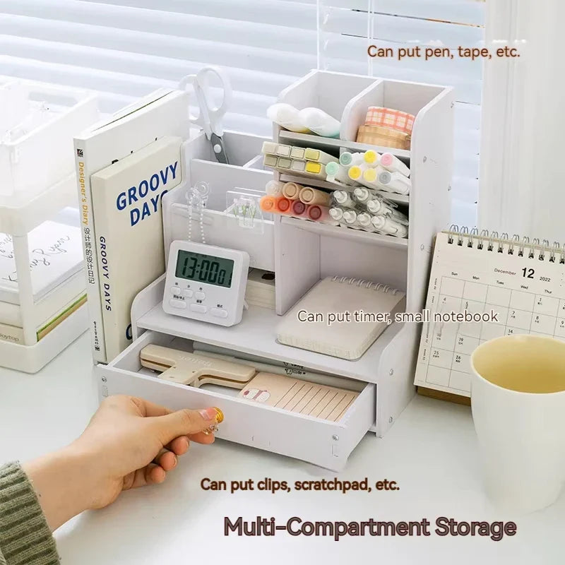 Mark Pen Pencil Holder Wooden Desk Organizers Shelves Accessories Desktop Stationery Organizer Bookshelf Home Office Storage Box