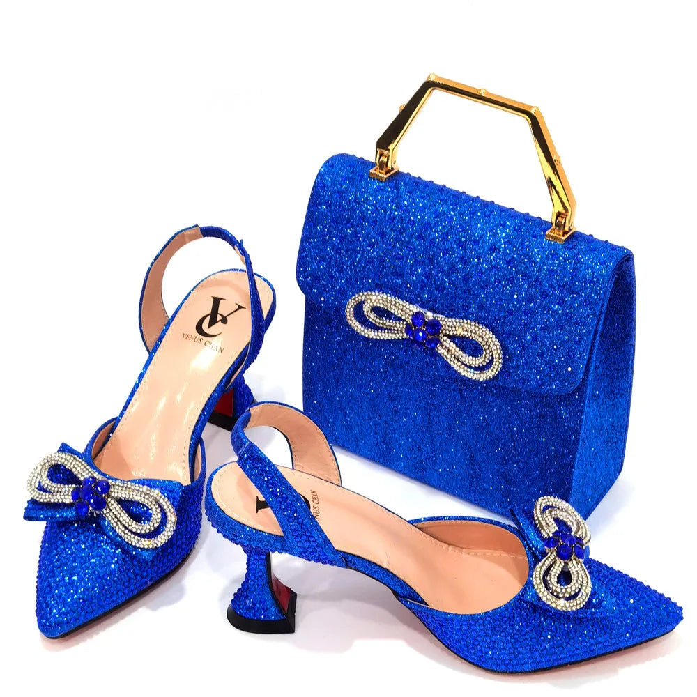 Rhinestone Bow Sequin Pointed Toe Slingback Heels — Shoes Only or With Matching Bag | 6 Colours | EU 37–43