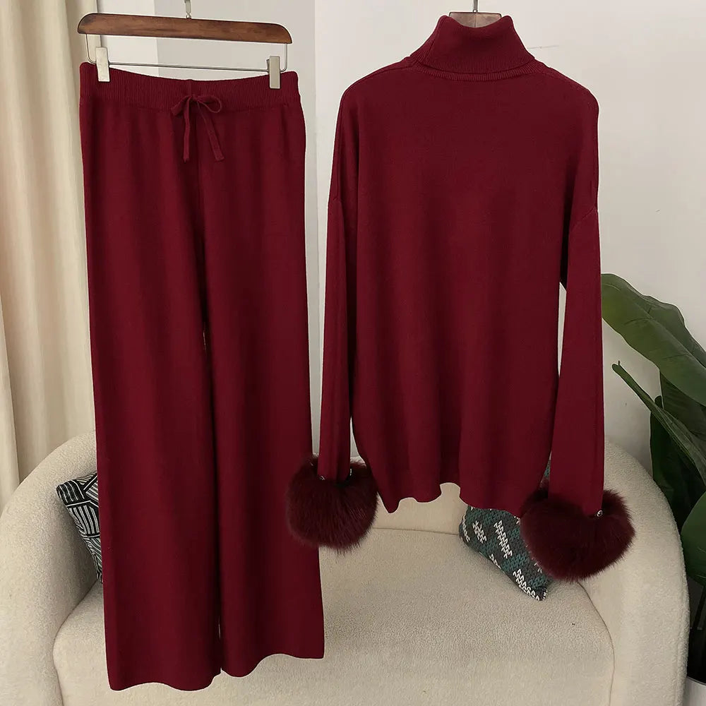 Fashion Autumn Winter Natural Real Fox Fur Cuffs Coat Knitted Sweater Women