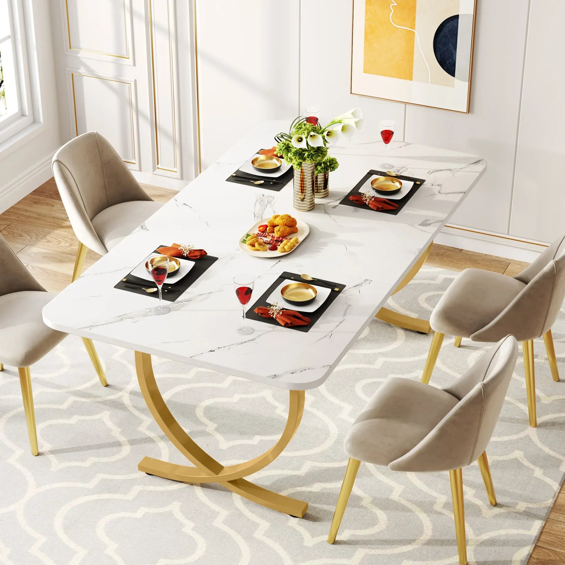 Tribesigns 63-Inch Rectangular Dining Table for 4 to 6, Modern Kitchen Table with Faux Marble Table Top, White Dinner Tables