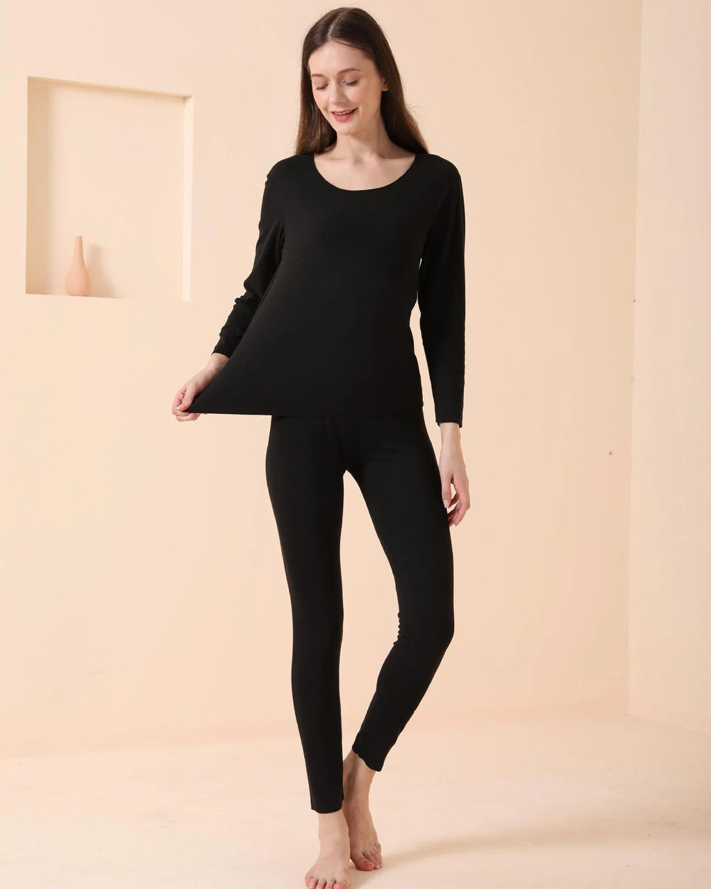 Women's Seamless Thermal Underwear Set Winter Warm Comfortable Solid Lingerie Long Johns Sexy Knitted Polyester Elastane Blend