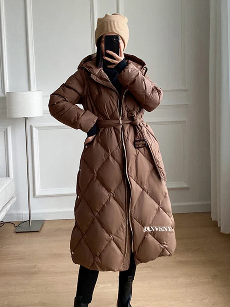 Women's Thickened Warm Hooded Puffer Jacket Winter Duck down Coat Fluffy Long Belted Zipper Closure Casual Style