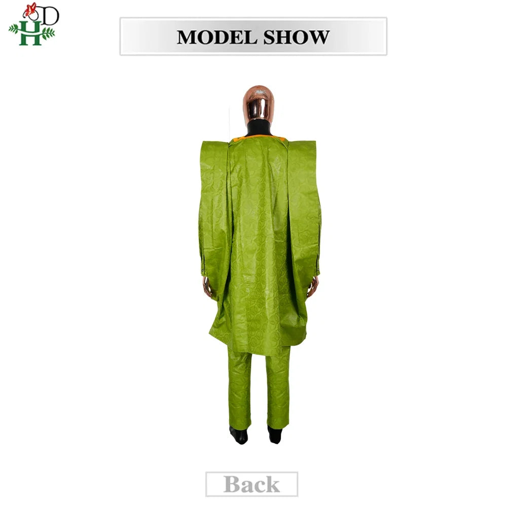 H&D African Clothing For Man Traditional Agbada Sets 3PCS Green Bazin Riche Shirt Pant Embroidery Wedding Party Suits Plus Size
