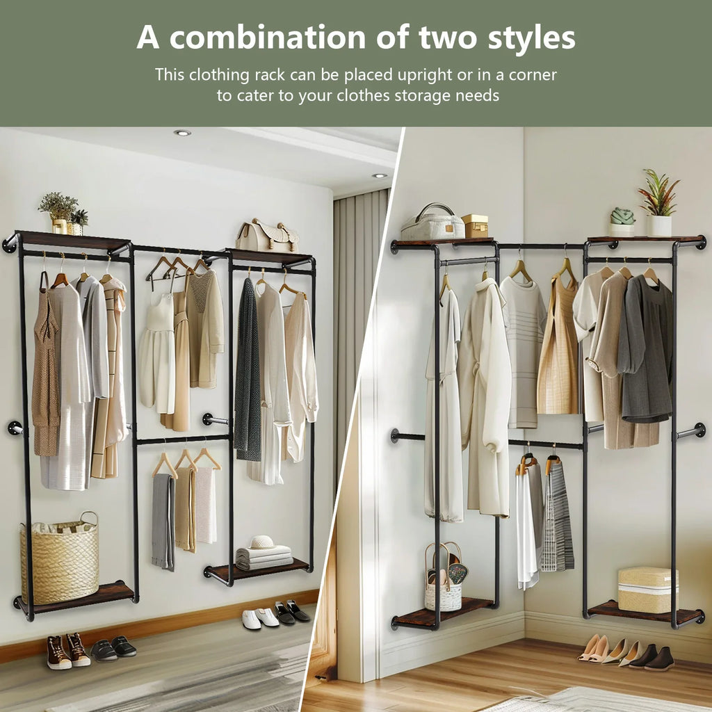 Industrial Pipe Clothes Rack, Wall-Mounted Metal Clothes Stand, Walk-in Wardrobe, with Shelves