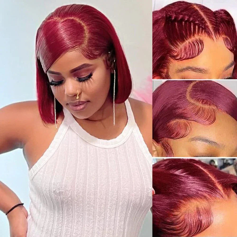 Human Hair Straight Bob Wigs 100% Human Hair 99J Burgundy Color Glueless Bob