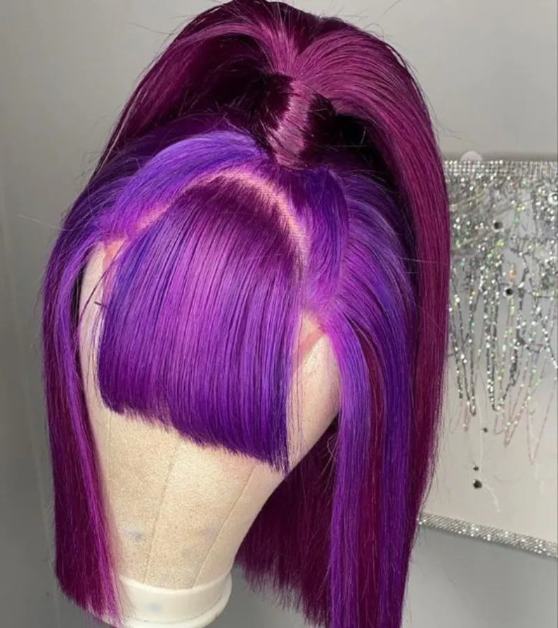 Short Bob Wig 180% Dark Purple Lace Front Human Hair Wigs For Women 13x4 Lace