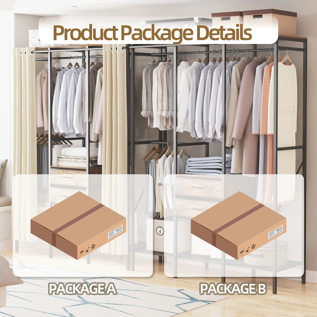 Industrial Coat Rack Stand, Open Wardrobe, Clothes Rail with 2 Drawer and Shelves, Bedroom Storage, Hanging Bar, XXL