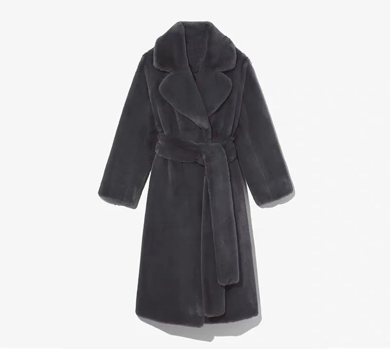 Luxury Lace Up Faux Fur Coat Women Chic Lapel Full Sleeve Fluffy Loose Warm Long Jacket Lady Winter Daily Highstreet Outerwears