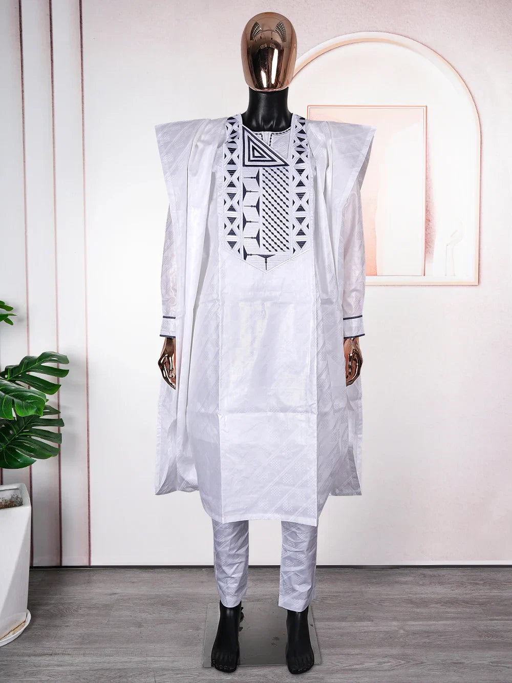 African Clothes for Men Traditional Rich Bazin Original Embroidery White Clothing Men 3 PCS Set Wedding Party Occasion 2024