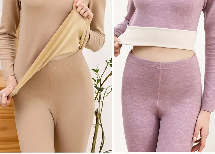 Thickened Woolen Silk Thermal Underwear Set for Women Mid-Neck Fleece Lined Double-Sided Velvet Couple Base Layer Clothes