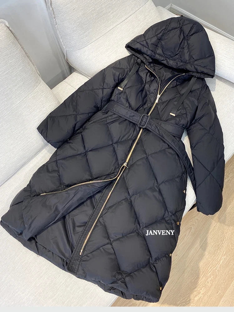 Women's Thickened Warm Hooded Puffer Jacket Winter Duck down Coat Fluffy Long Belted Zipper Closure Casual Style