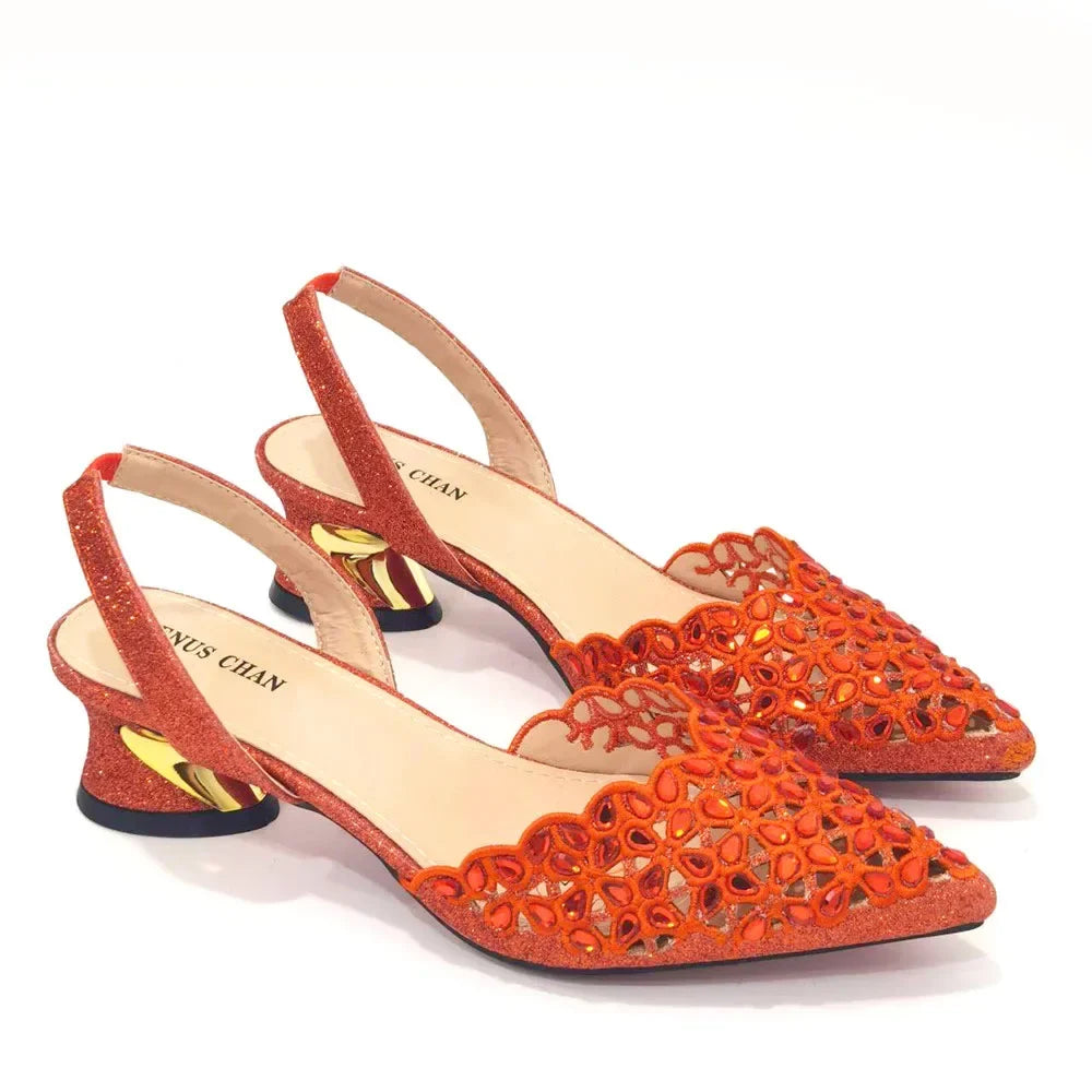 Hollowed Out Embroidery Rhinestone Pointed Toe Slingback Heels — Shoes Only or With Matching Bag | 5 Colours | EU 37–43