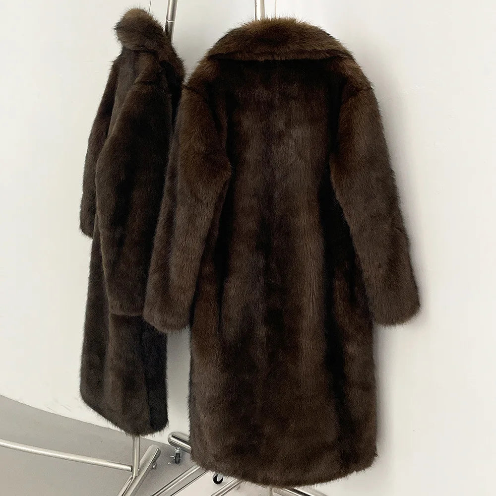 High Quality Long Length Woolen Faux Fur Coat Women's Autumn Winter Elegant Tailored Collar Jacket Non-Mink Fur Coats