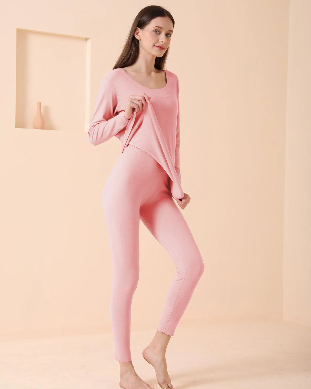 Women's Seamless Thermal Underwear Set Winter Warm Comfortable Solid Lingerie Long Johns Sexy Knitted Polyester Elastane Blend
