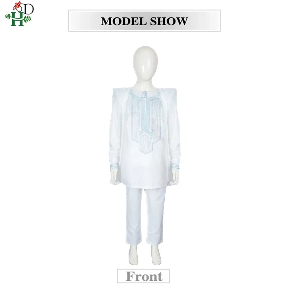Boys White Blue Long Sleeve Tops Embroidery Dashiki Robe Shirt And Pant Set 3 PCS