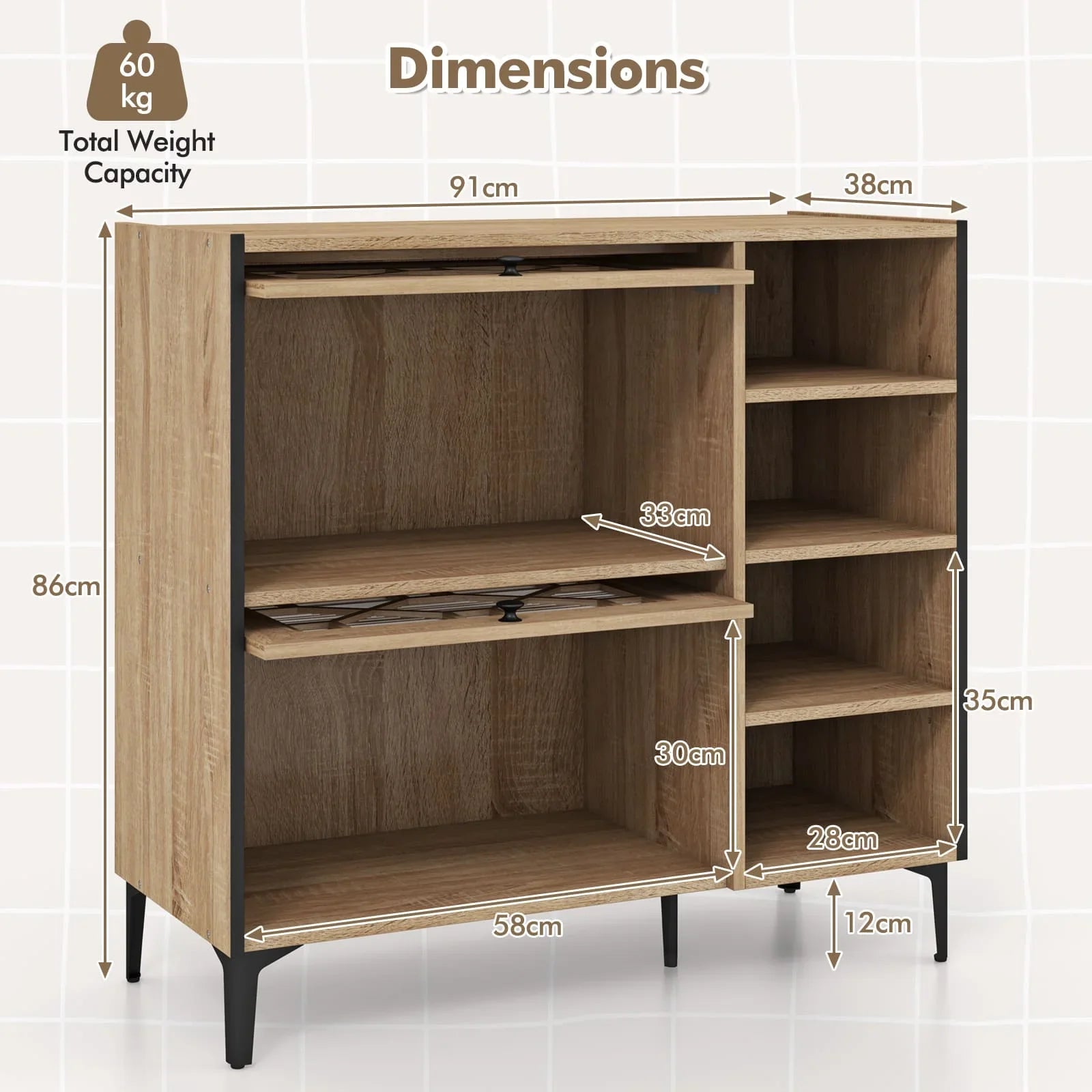 GOFLAME Shoe Storage Cabinet Freestanding Shoe Organizer w/ Flip Doors-Oak