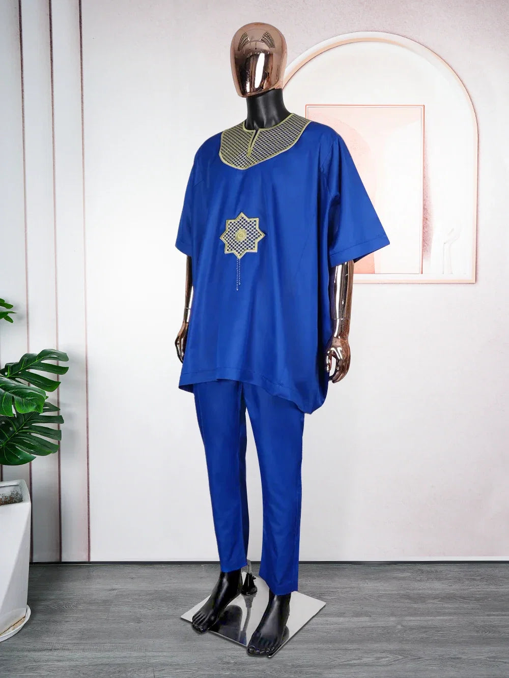 African Clothes for Men 2 Pieces Set Blue Embroidered Tops and Pants Traditional Clothing Rich Bazin