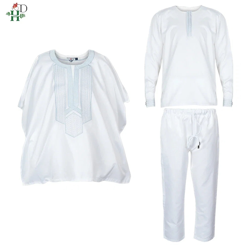 Boys White Blue Long Sleeve Tops Embroidery Dashiki Robe Shirt And Pant Set 3 PCS