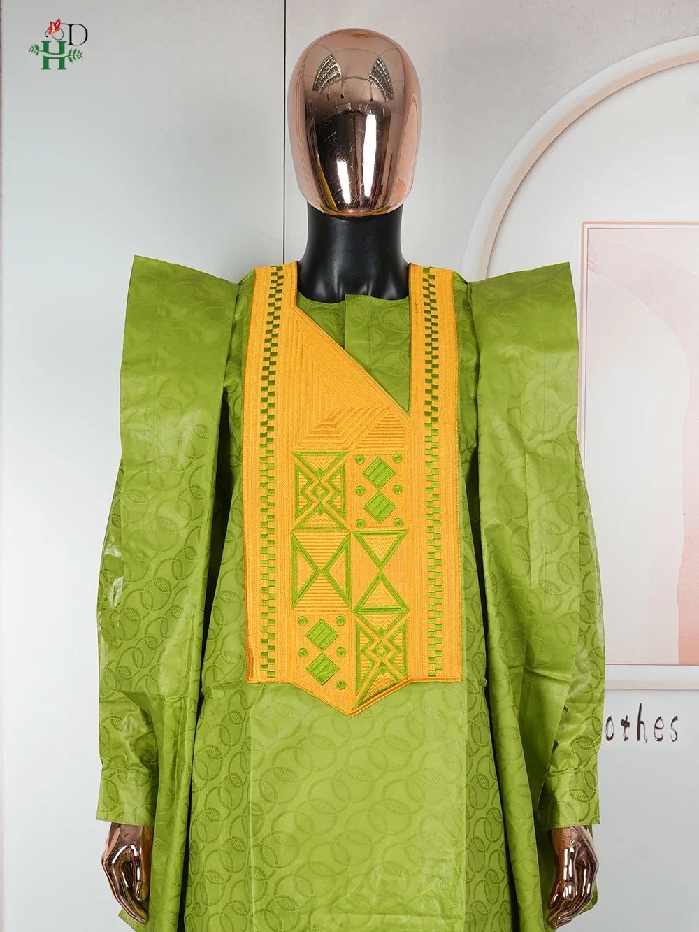 H&D African Clothing For Man Traditional Agbada Sets 3PCS Green Bazin Riche Shirt Pant Embroidery Wedding Party Suits Plus Size
