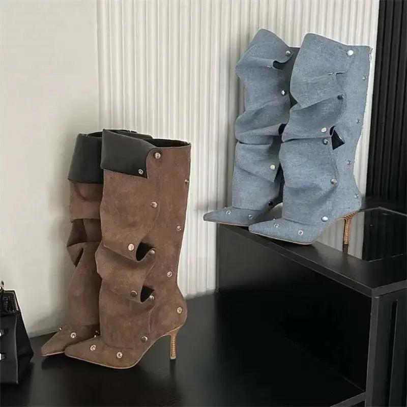 Denim Knee-High Pleated Boots – Thin High Heel