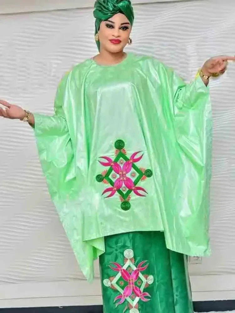 2-Piece Bazin Riche Printed African Long Dress Set — Wedding, Party & Prom | Green | Free Size