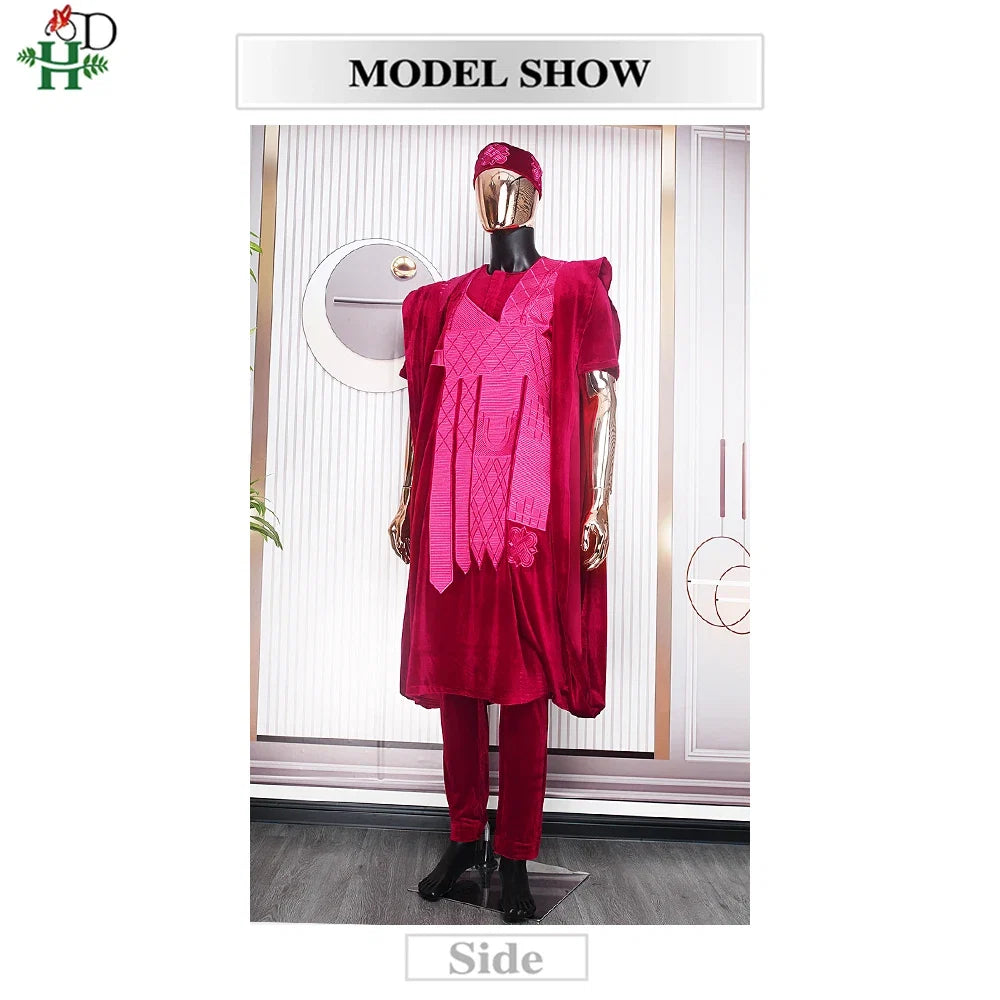 African Clothes for Men Clothing High-Quality Pink Embroidery With Hat Flannelette 3 Pcs Set
