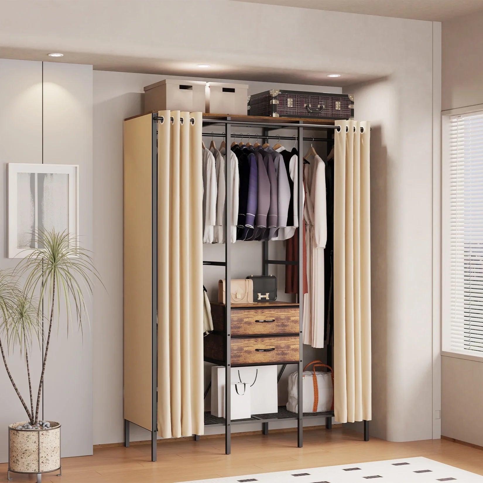 Industrial Coat Rack Stand, Open Wardrobe, Clothes Rail with 2 Drawer and Shelves, Bedroom Storage, Hanging Bar, XXL