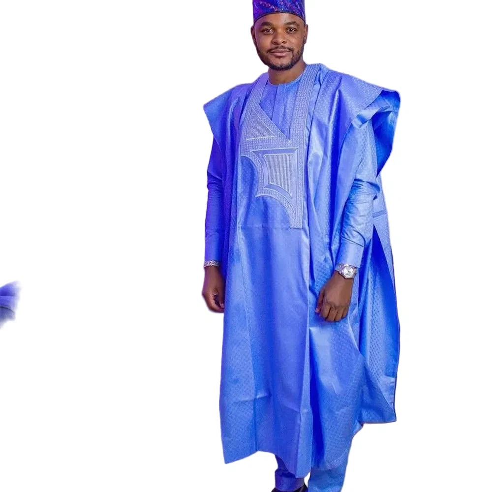 African Embroidery Blue Gown  Men Elegant Thobe 3 PC Top and Pants Suits Set
