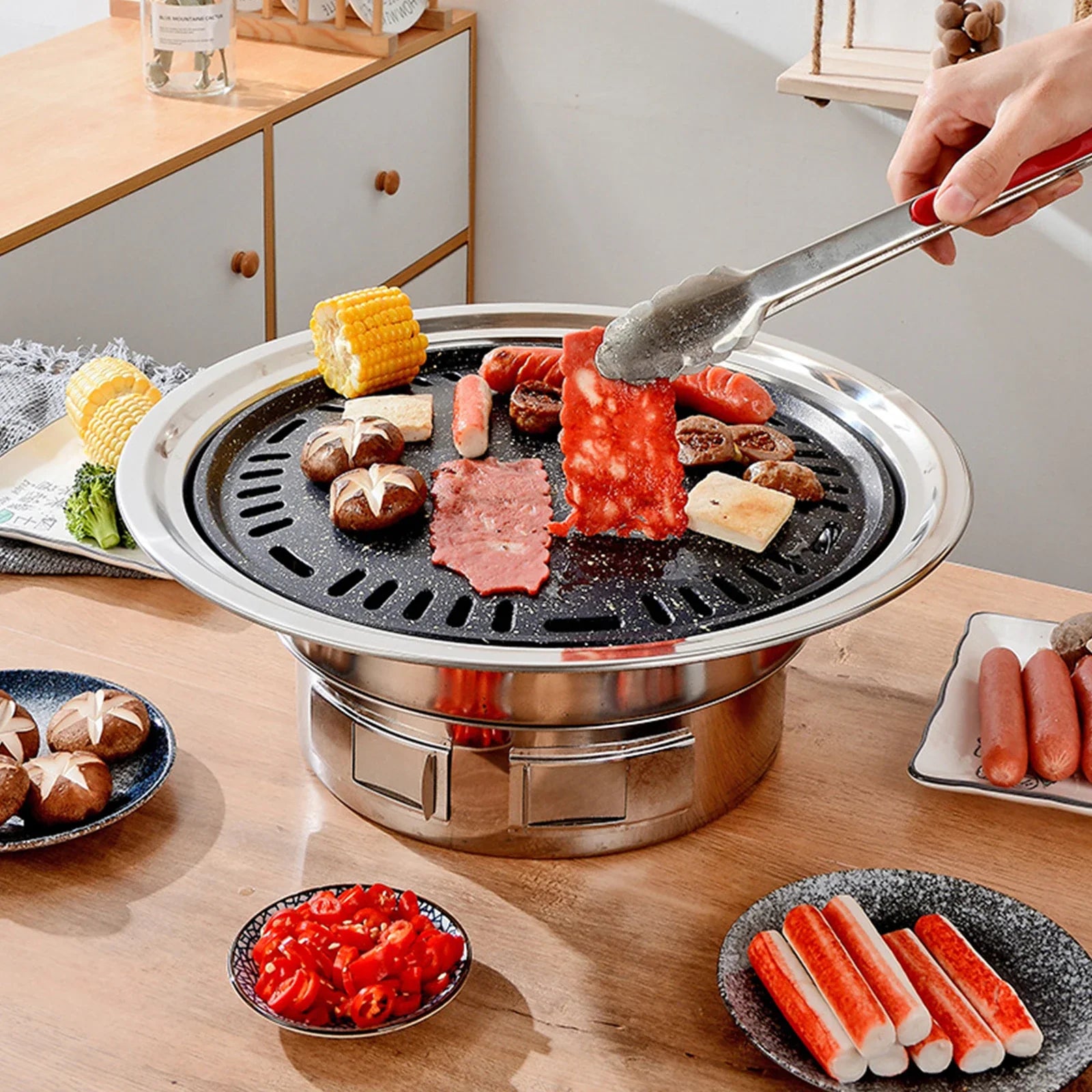 13Inch Korean BBQ Grill Multifunctional Charcoal Barbecue Grill Round Camping Grill Stove Tabletop Smoker Grill Grilled Net&Tray